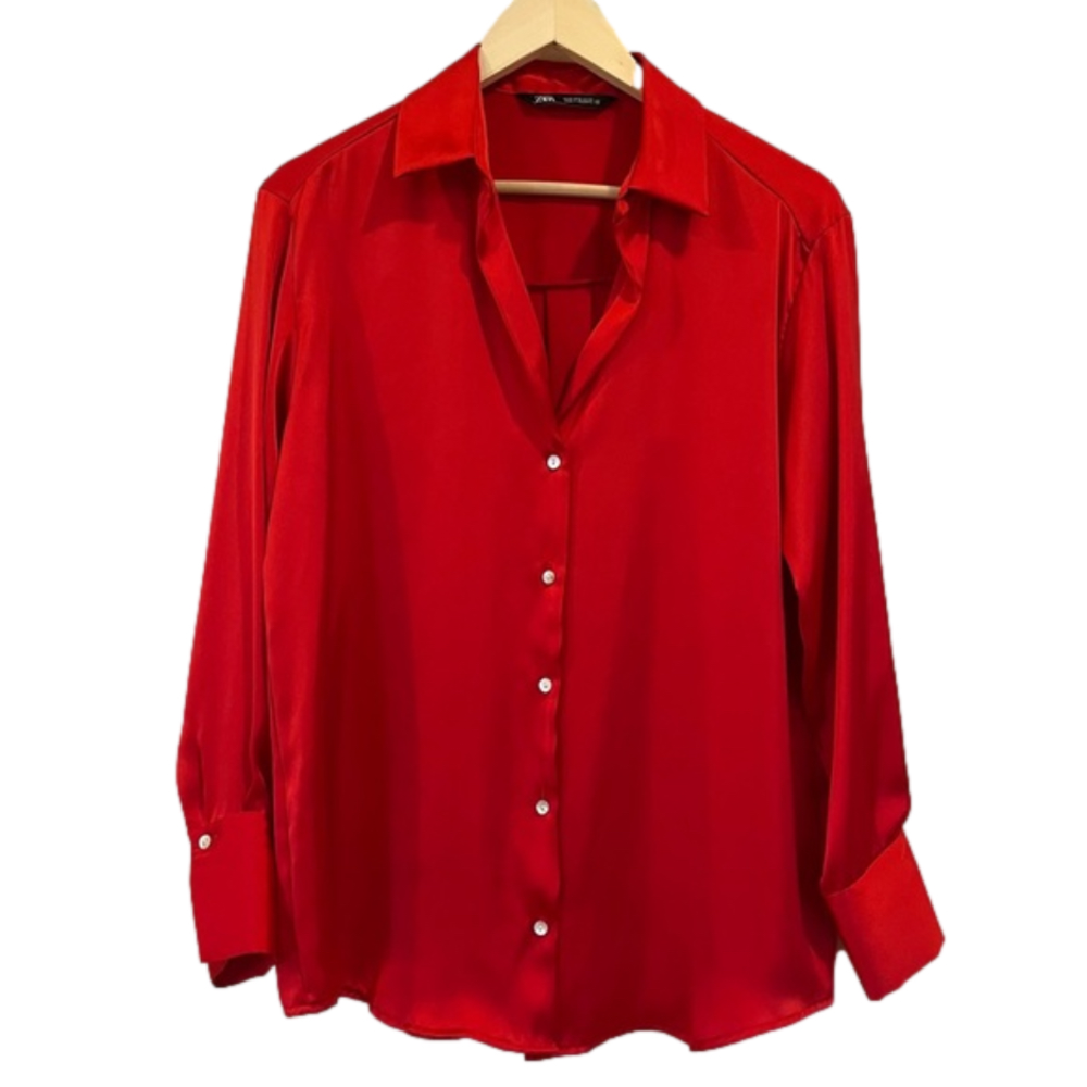 Satin Blouse Zara Relaxed Fit Polyester Primary Red Office Small Office Siren